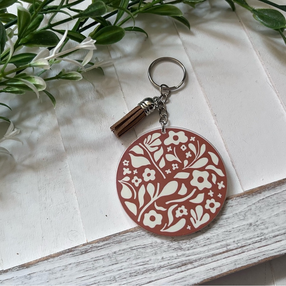 New Brown Floral Circle Keychain with Tassel - Unbranded